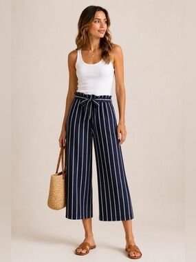 J. Jill Linen Paperbag Waist Crop Pants Stripe Wide Leg Coastal